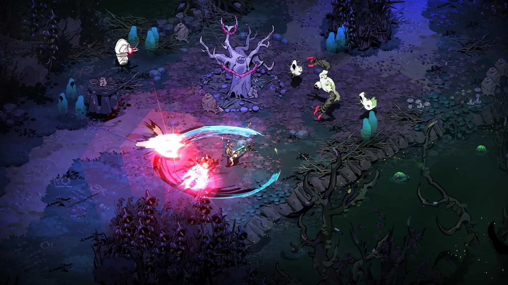 A gameplay moment from Hades 2 showing Melinoë casting a spell in a vibrant, painterly underworld chamber.
