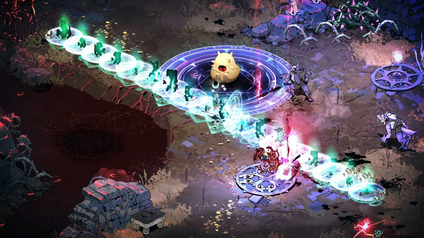 Melinoë charging a ghostly, crescent-shaped attack against a horde of underworld foes in Hades 2.