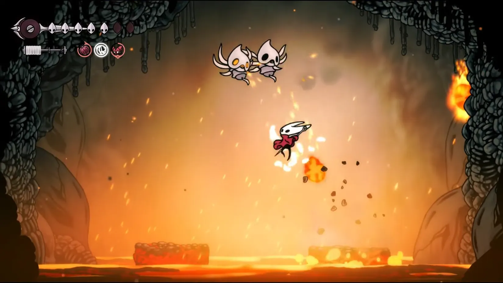 A Tarmite hovers in the lava-lit passages of Far Fields, its fiery projectile promising two full masks of damage with terrifying accuracy.