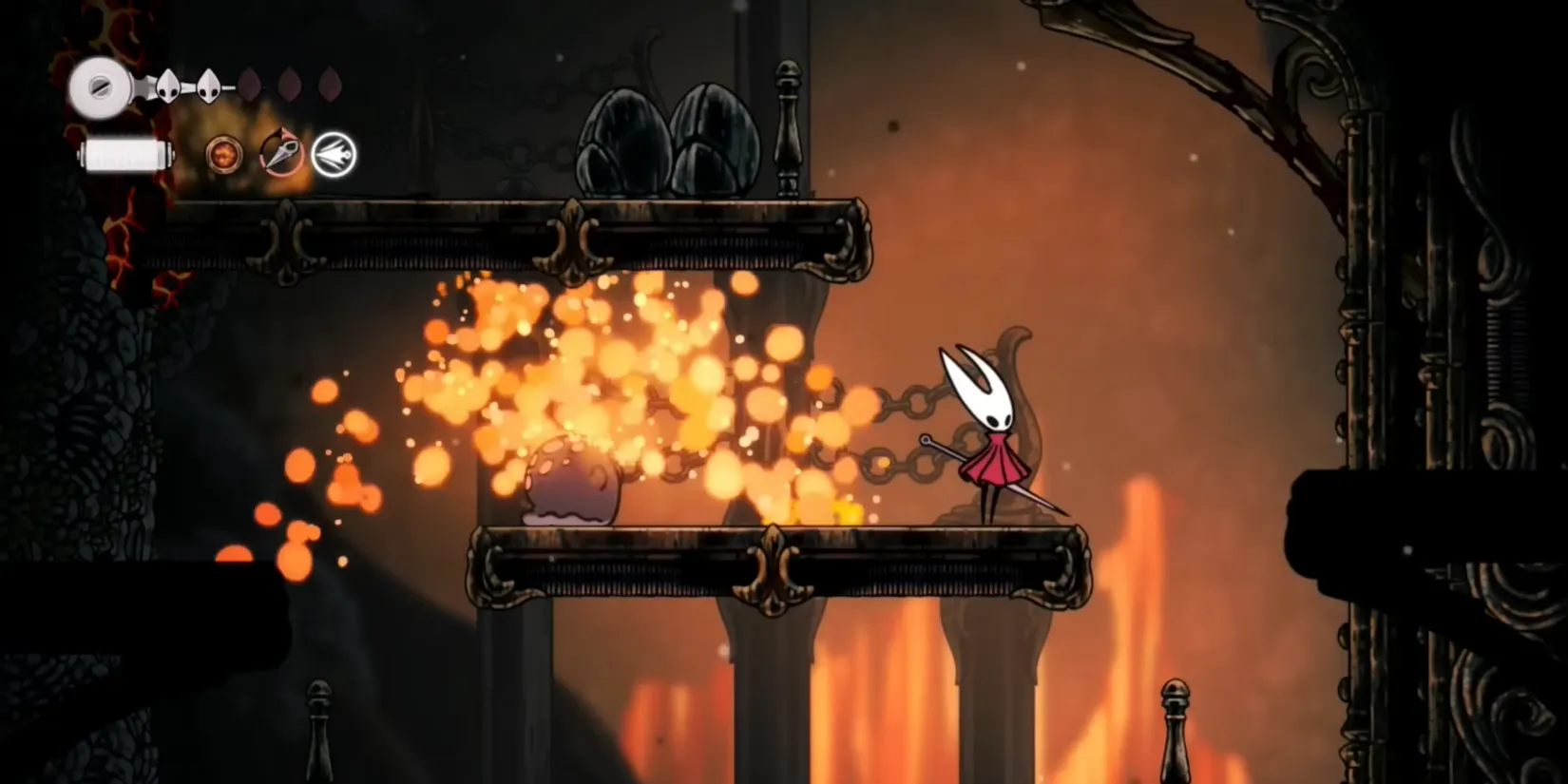 A stationary Lavalug clings to a wall in Deep Docks, ready to erupt and send Hornet plummeting into the magma below.