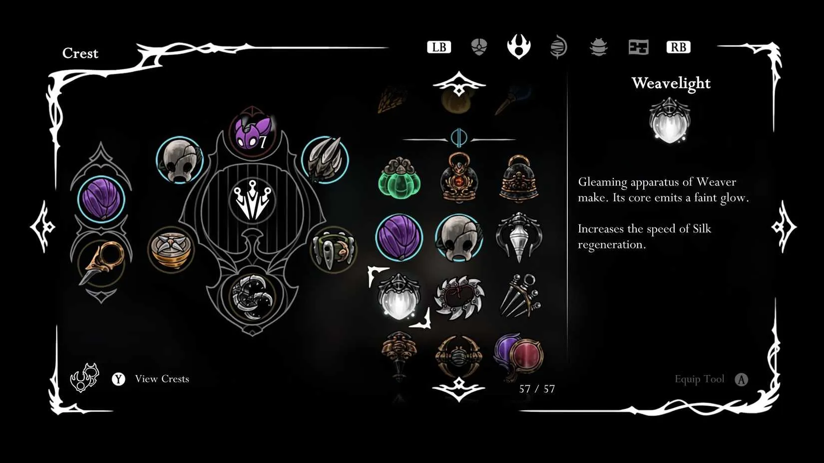 The Weavelight tool equipped by Hornet, glowing with silken energy