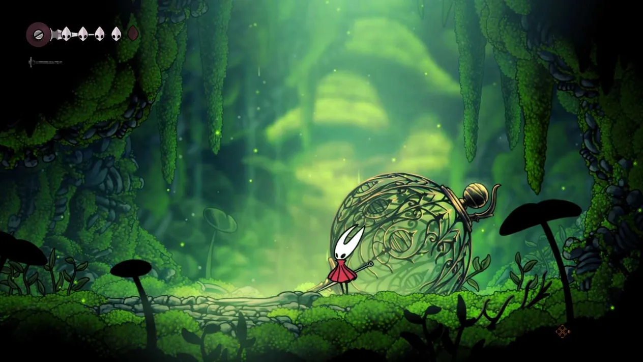 Hornet standing in the mossy caverns of Bone Bottom