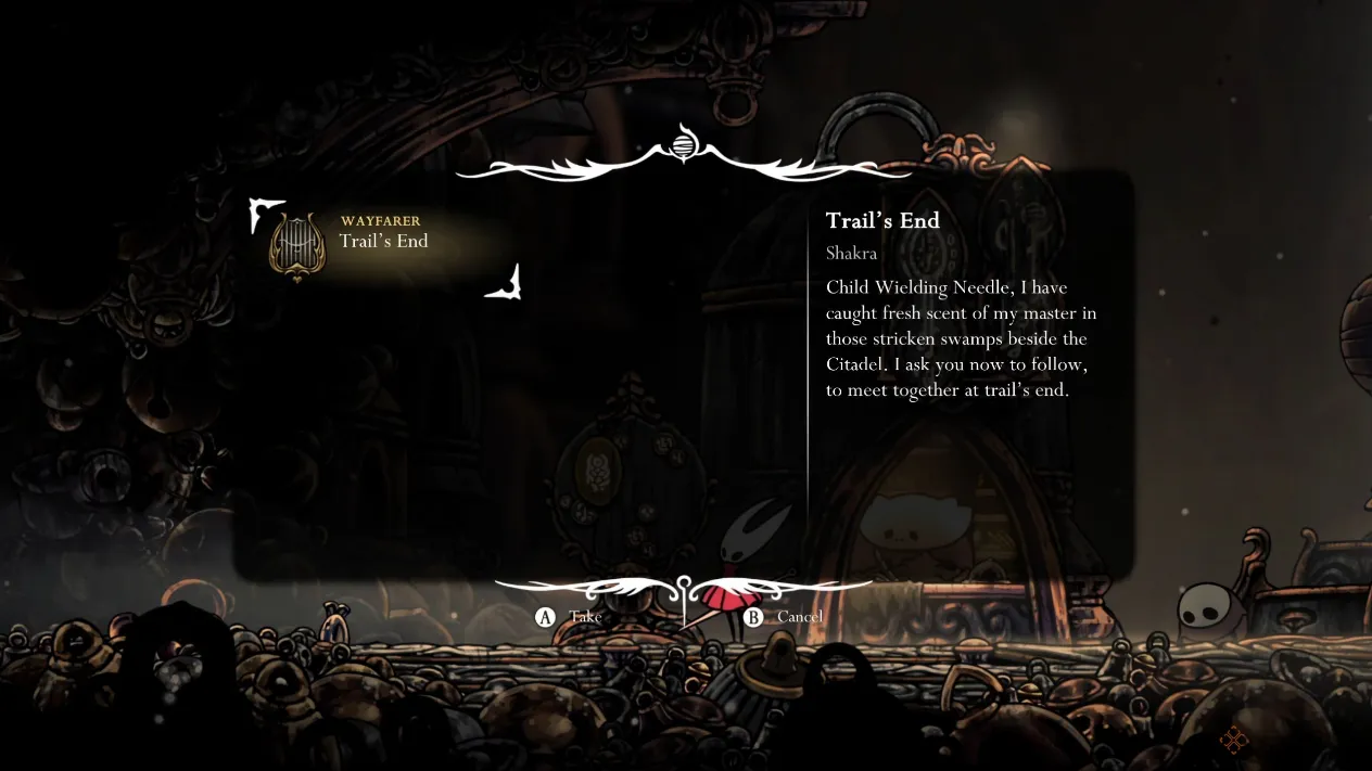 Hornet examining the Trail's End quest notice on a wishboard in Bellhart, with the achievement pop-up gleaming in the corner.