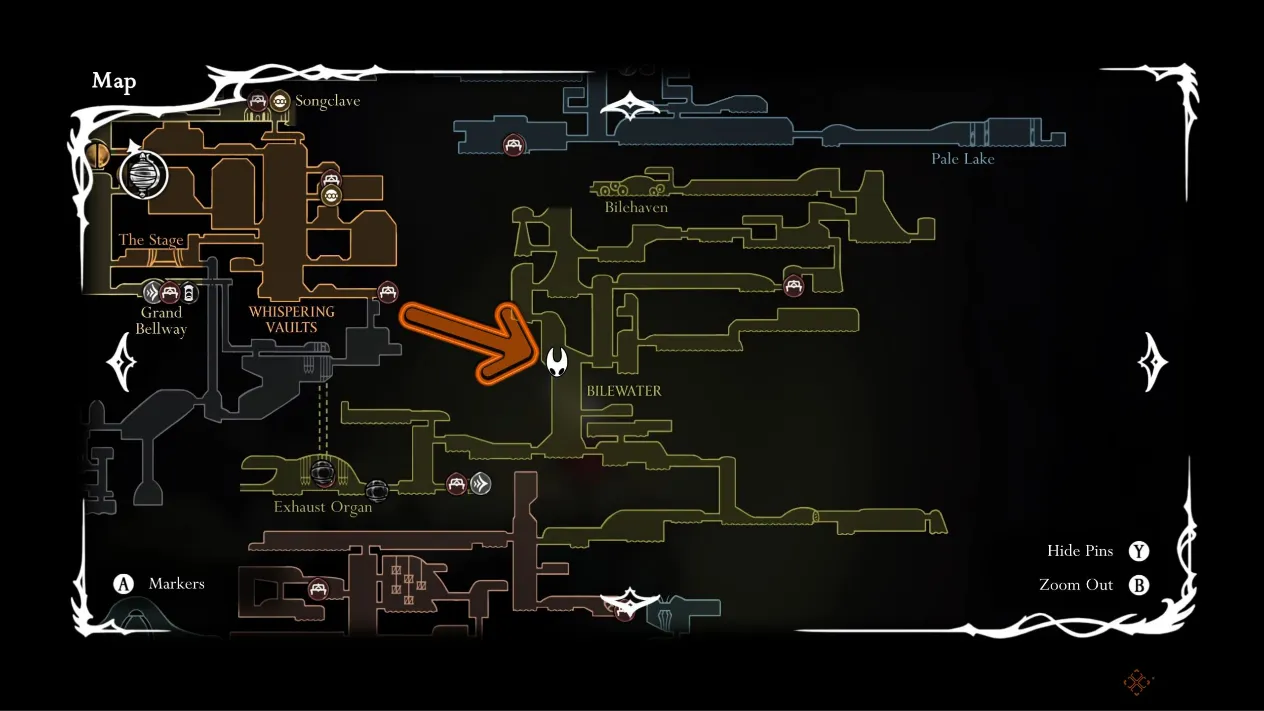 A detailed map snippet showing Shakra's initial location deep within Bilewater, surrounded by pipes and acid pools.