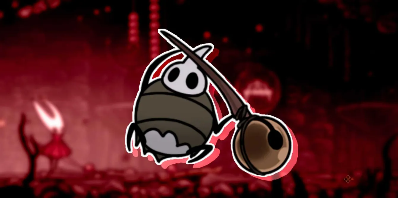 A Pilgrim Guide with a giant bell staff from Hollow Knight: Silksong