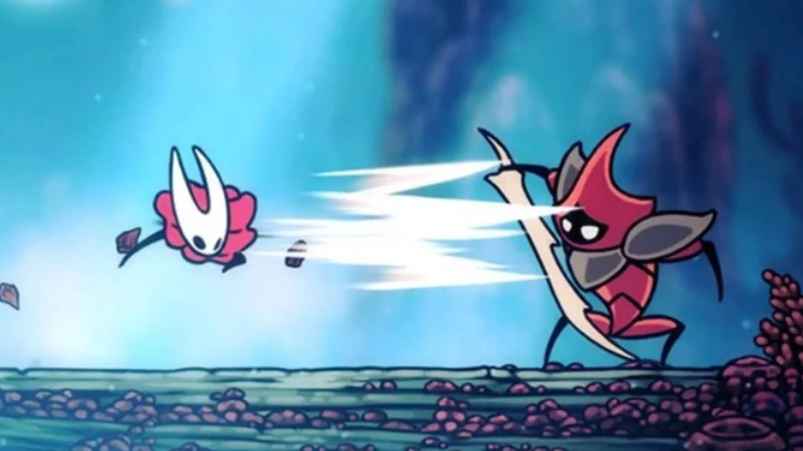 Hornet performing a charge attack against an enemy in Hollow Knight: Silksong
