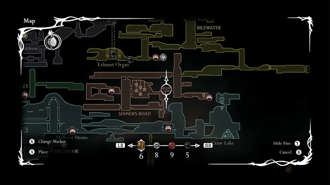 Disgraced Chef Lugoli boss location shown on the map in Sinner's Road area of Hollow Knight: Silksong