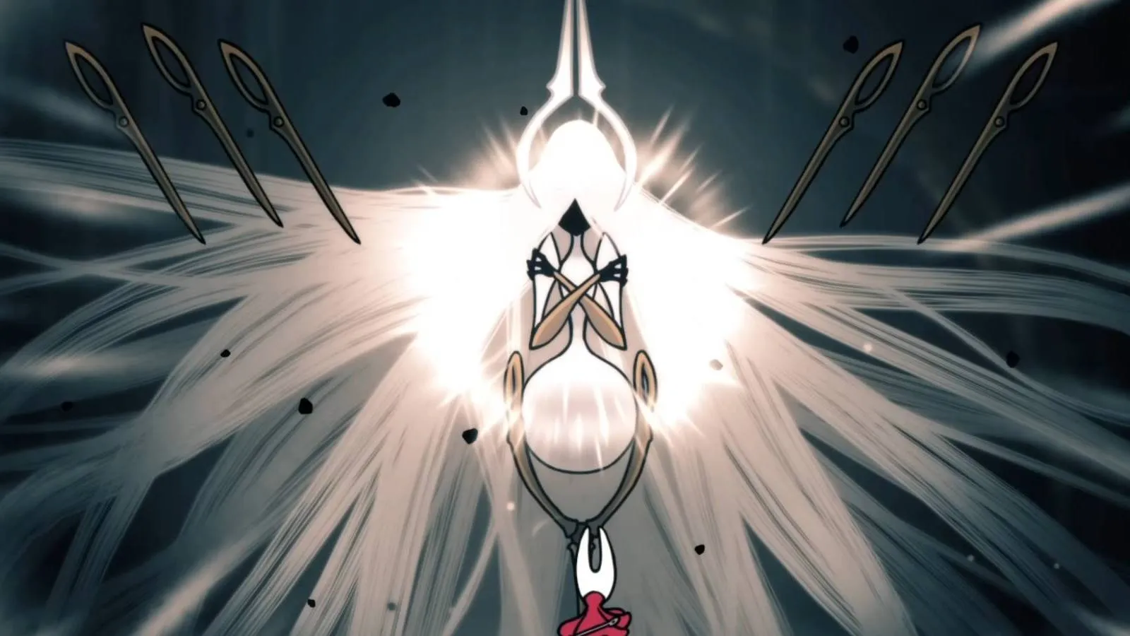 Grand Mother Silk boss arena in Hollow Knight Silksong, showing the giant silk cocoon and floating needles