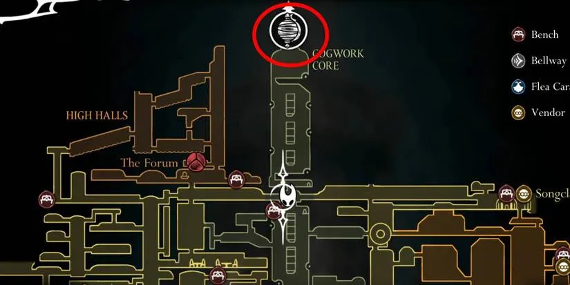 Hollow Knight Silksong map showing the Cradle area above Cogwork Core, with the elevator location highlighted