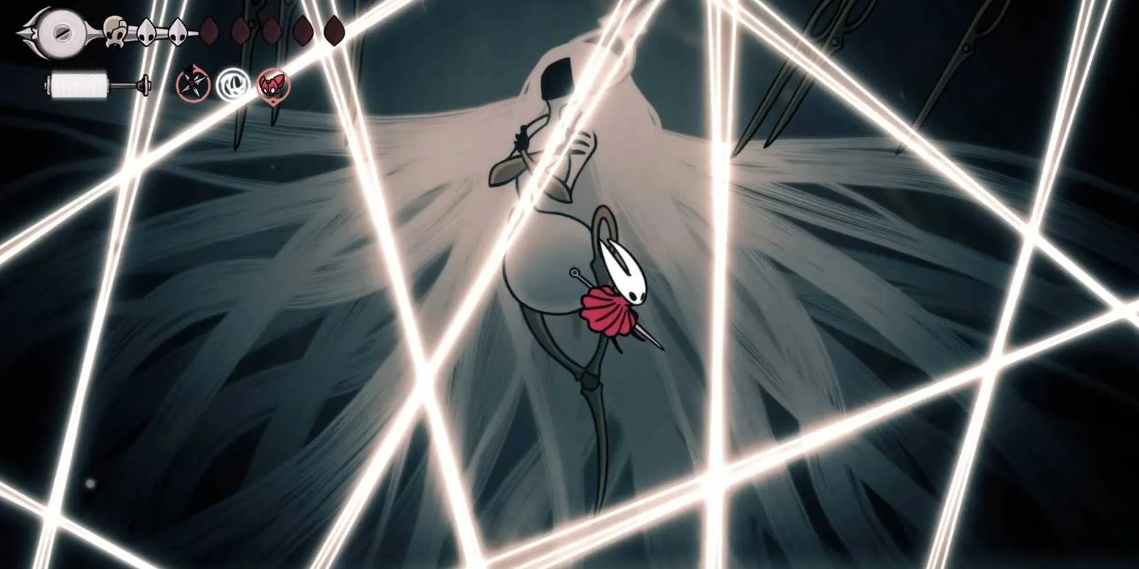 Hornet dodging Grand Mother Silk's needle attack in Hollow Knight Silksong, showcasing the fine threads telegraphing the boss's next move
