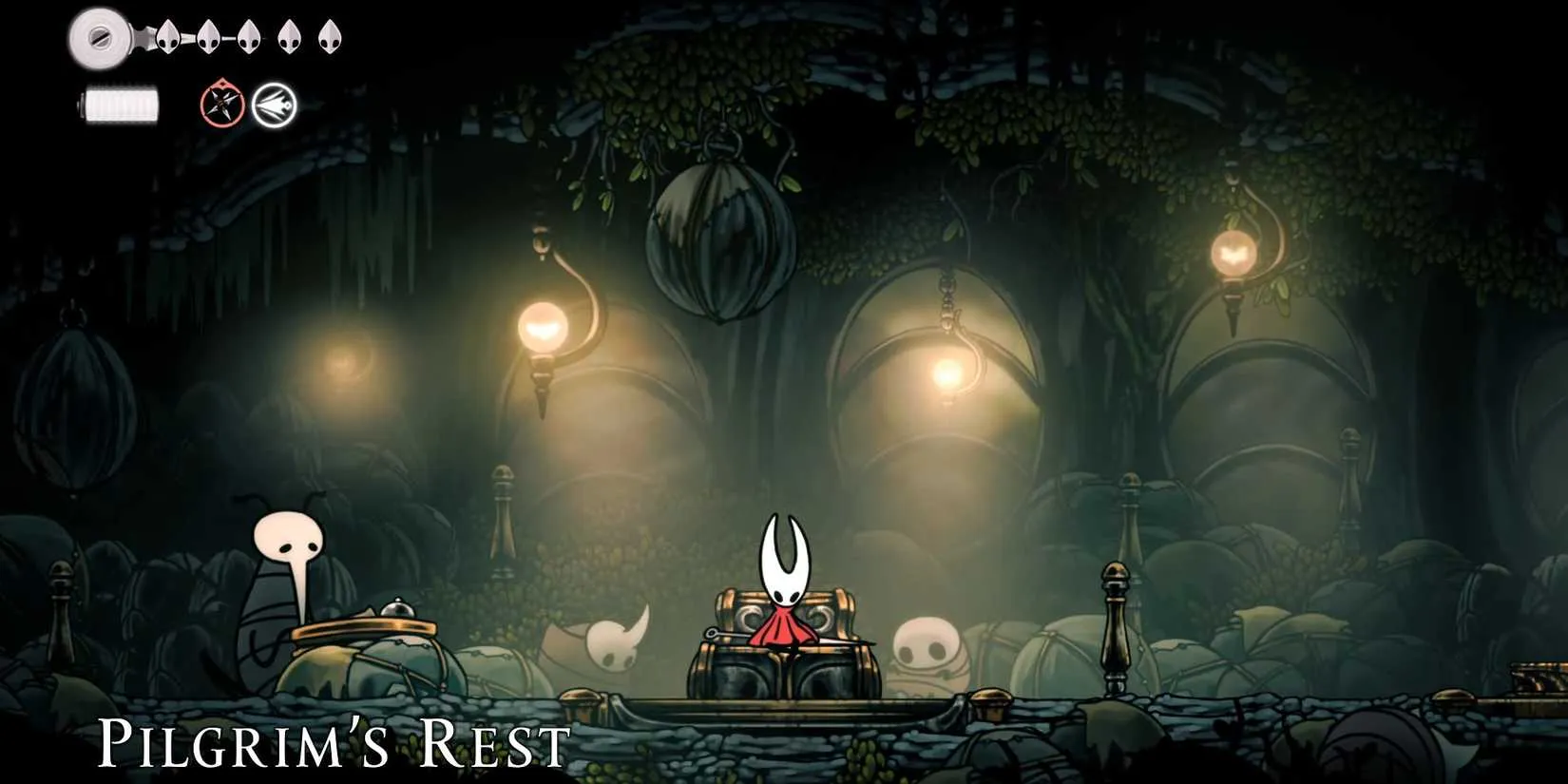 Mort selling the first Memory Locket at Pilgrim's Rest in Hollow Knight: Silksong