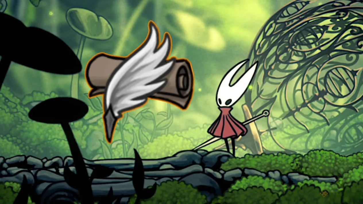 Hornet standing in a moody, lantern-lit chamber deep within Pharloom, a glimpse of the punishing beauty that awaits the mapless explorer