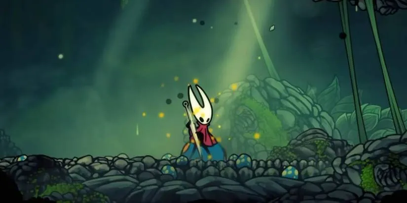 Hollow Knight Silksong Hornet playing Needolin to summon Mister Mushroom NPC in Act 3
