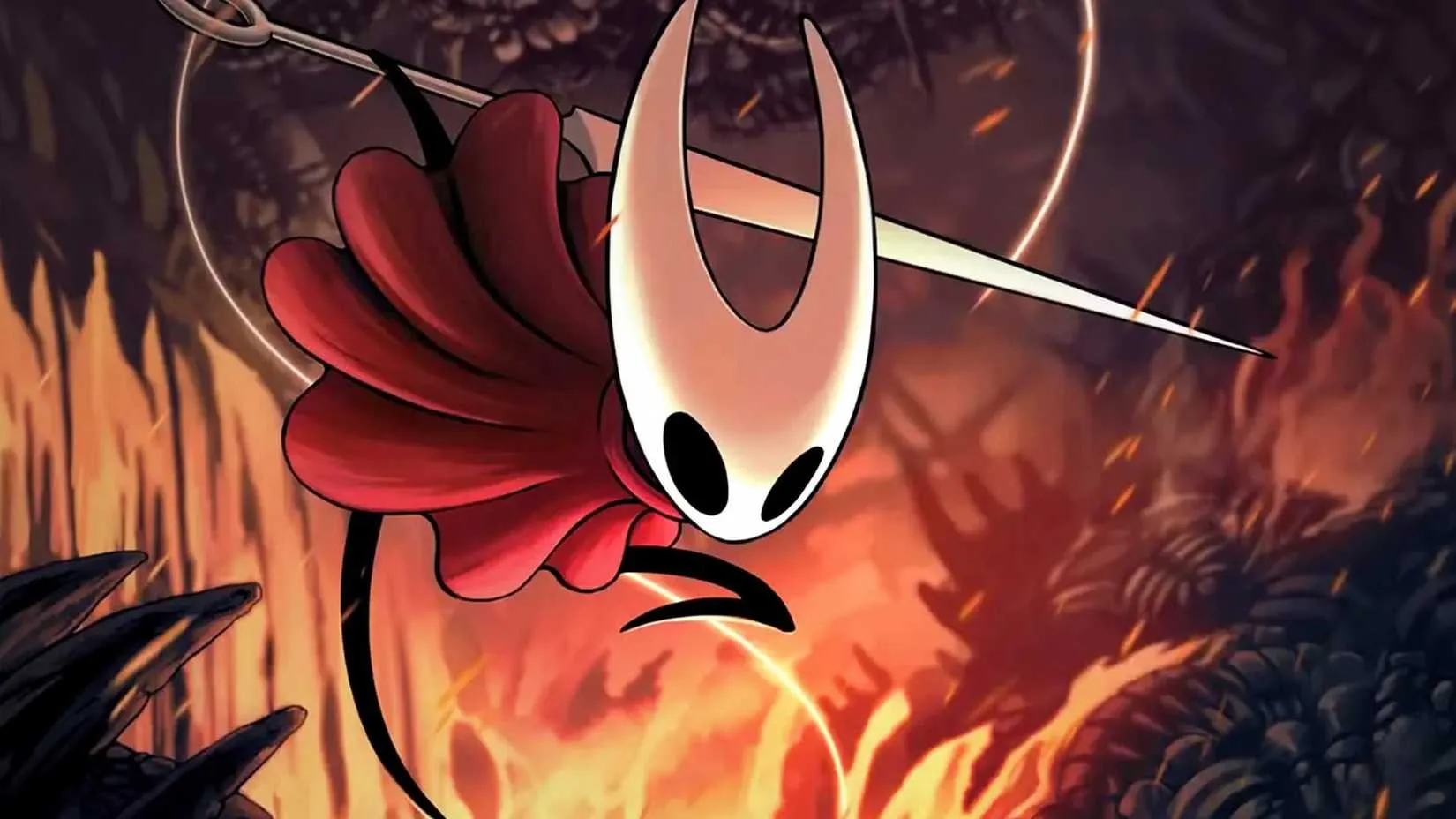 A stylized promotional image of Hornet wreathed in crimson flames