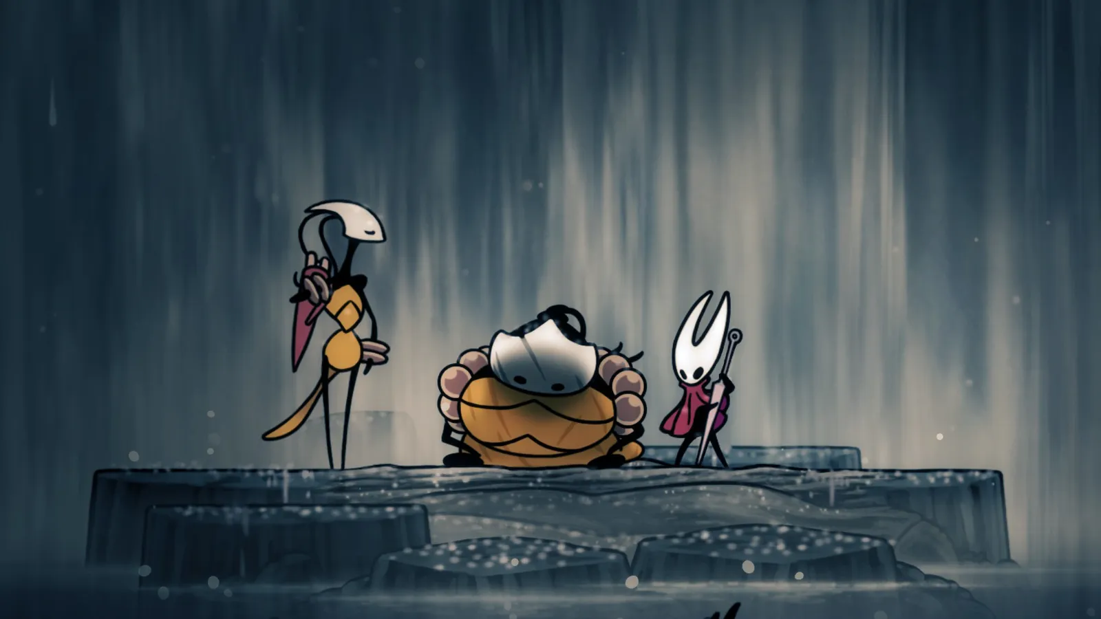 A somber moment between Hornet and Shakra, a recurring vendor in Silksong