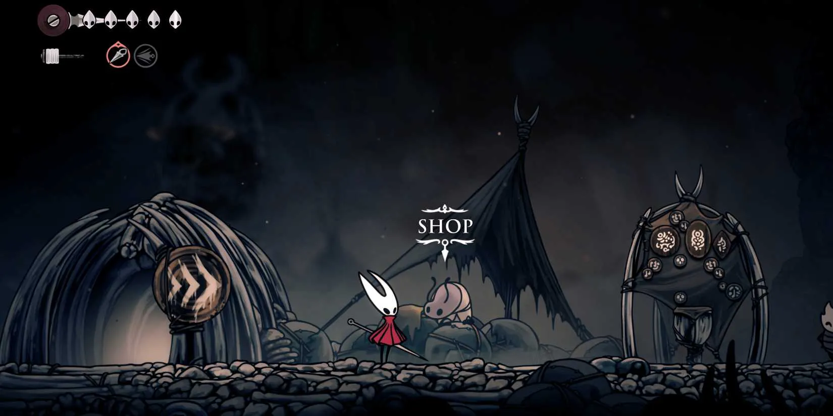 Pebb the tiny merchant in the Moss Grotto, offering supplies early in the game