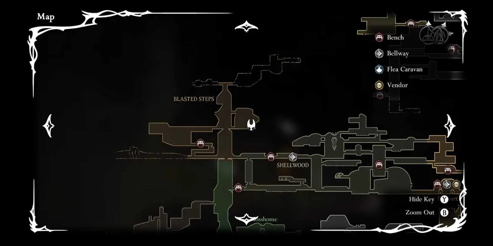 Shakra's site on the Blasted Steps map, near the Shellwood entrance