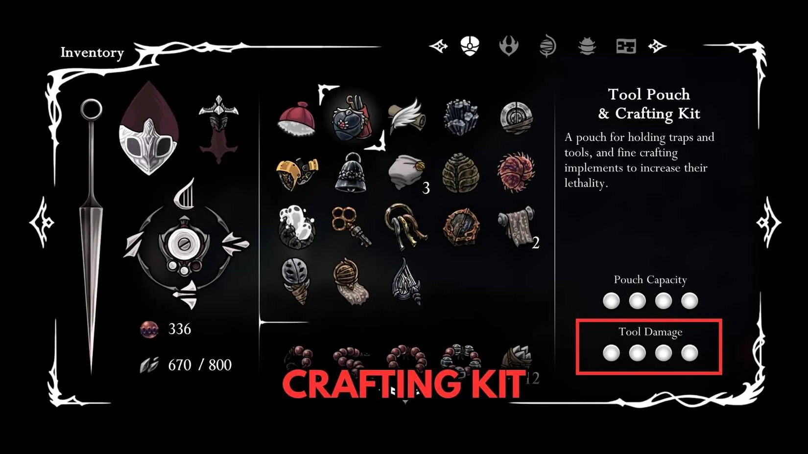 Fully upgraded Crafting Kit with maximum tool damage displayed
