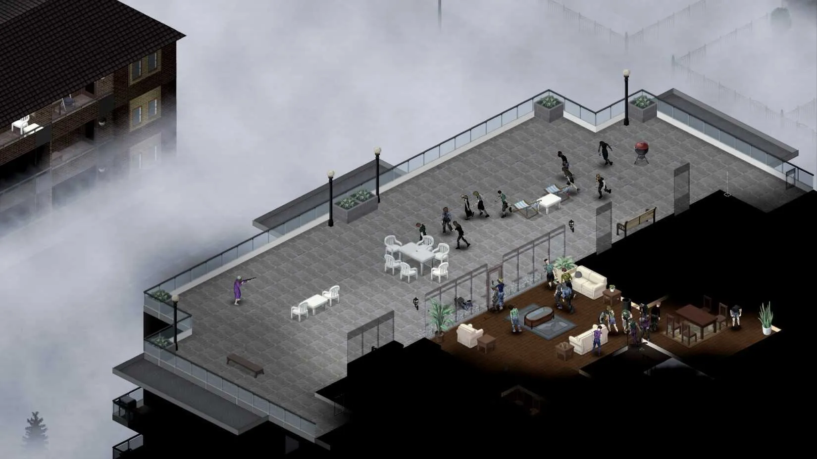 A survivor surrounded by zombies in Project Zomboid