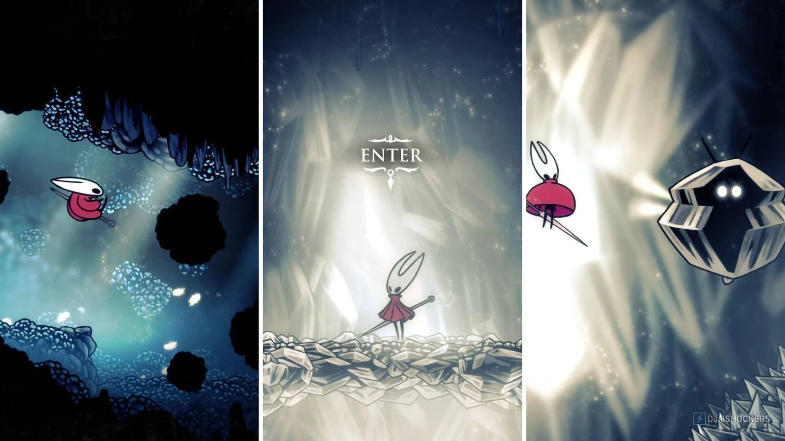 A panoramic view of the snowy Mount Fay summit in Hollow Knight: Silksong, with jagged peaks and icy platforms stretching into a misty sky.