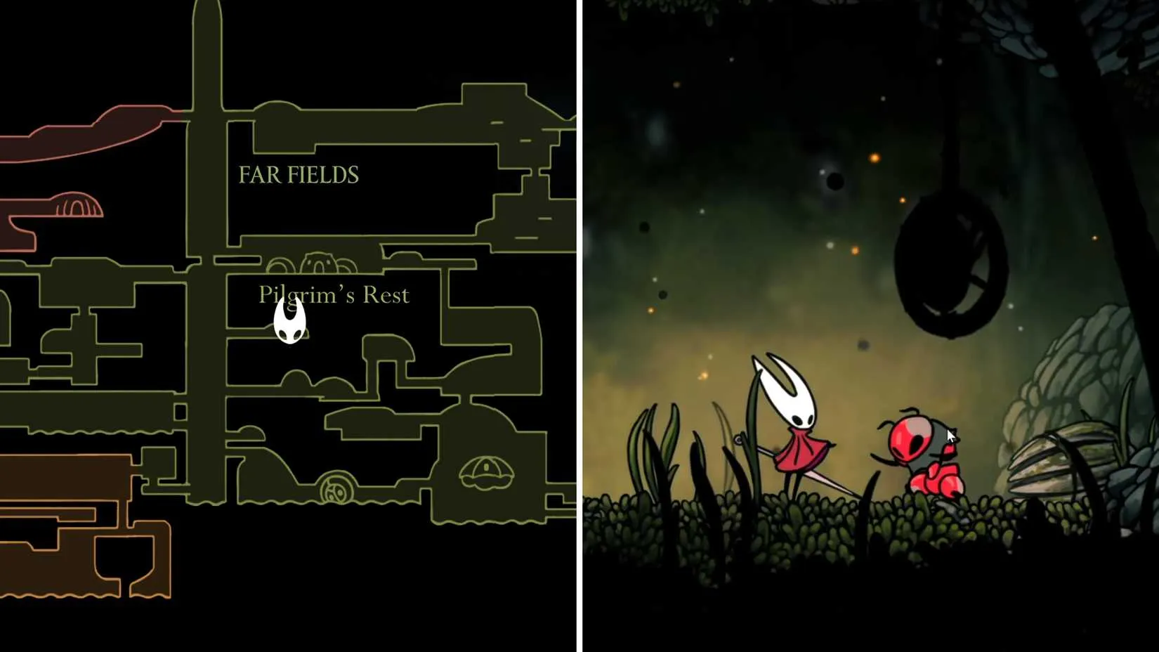 The Curvesickle, a blazing red boomerang-like tool, sits waiting in the shadows of Far Fields after a leap of faith