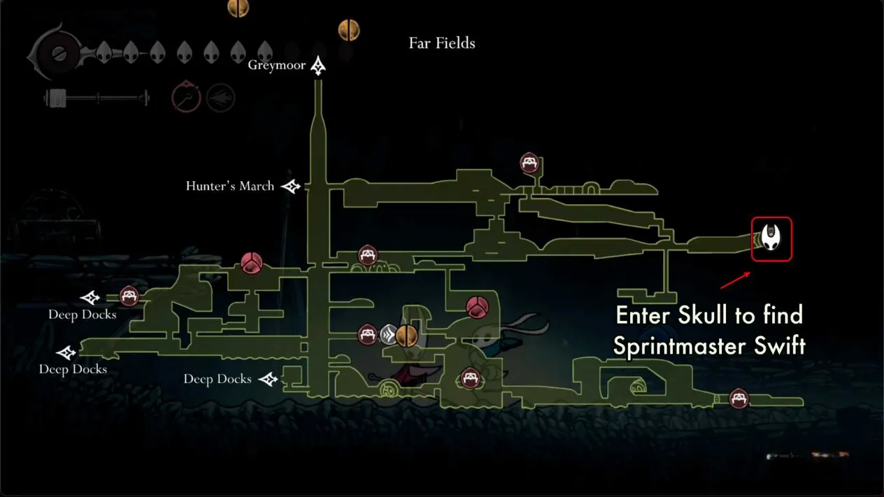 Map showing Sprintmaster Swift's location in Far Fields