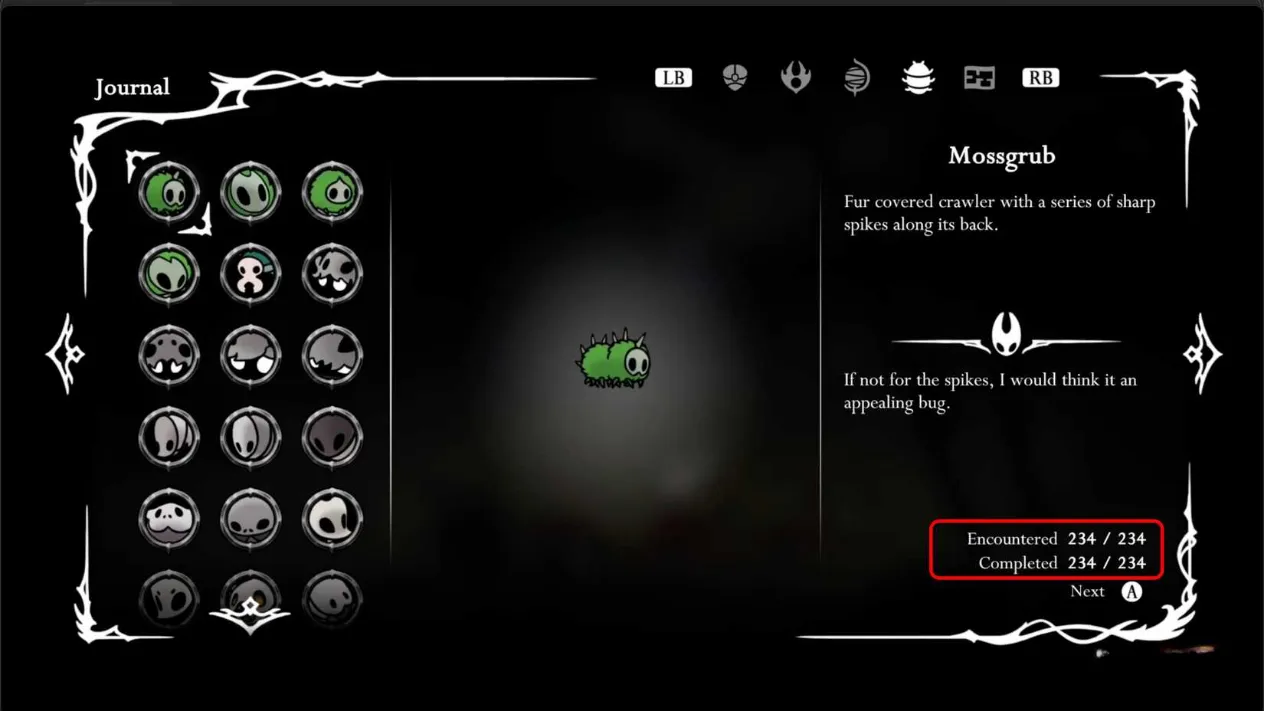 The completed Hunter's Journal entry screen