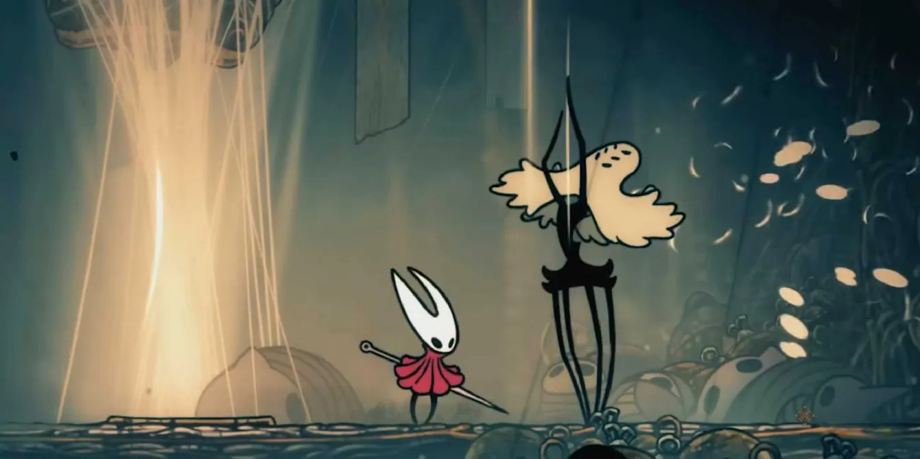 Hornet mid-battle in a dark, thorny arena during a Silksong encounter