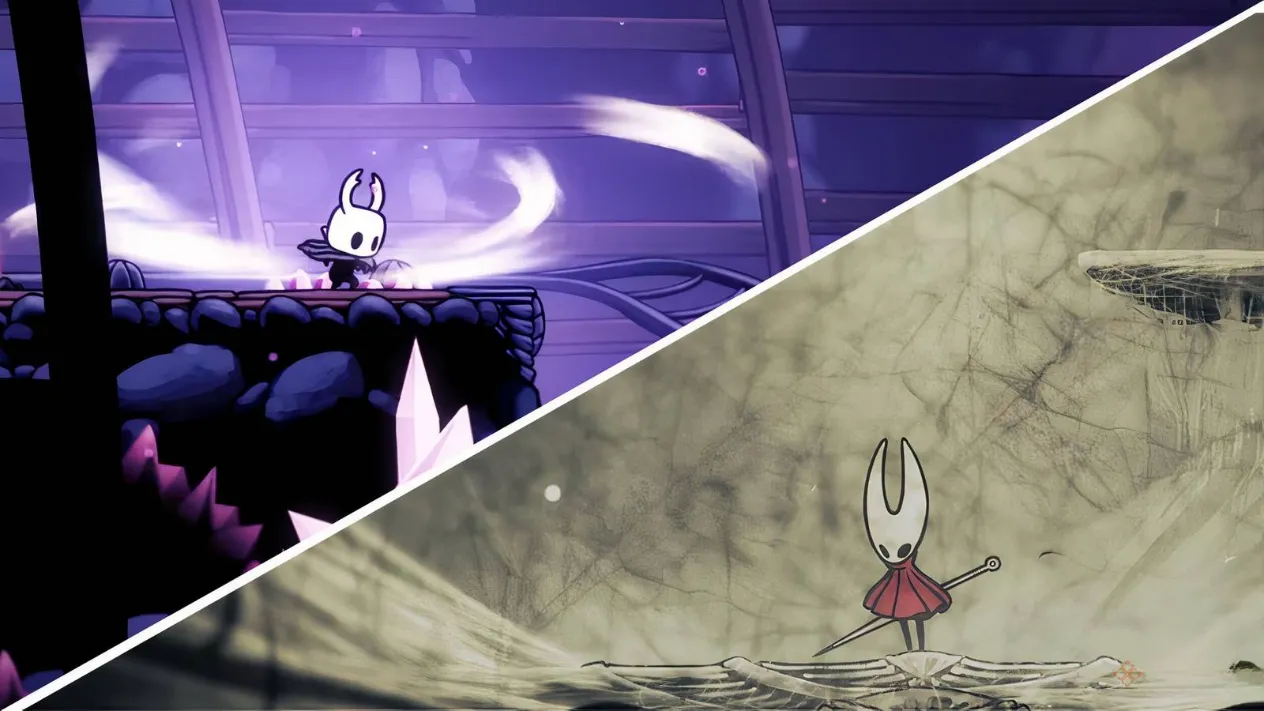 A promotional-style graphic showing the dual protagonists of Hollow Knight and Silksong split by a crackled line, symbolizing the merged challenge