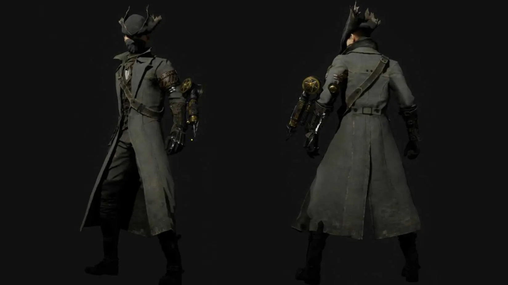 P dressed in the Bloodborne Hunter outfit from front and back views