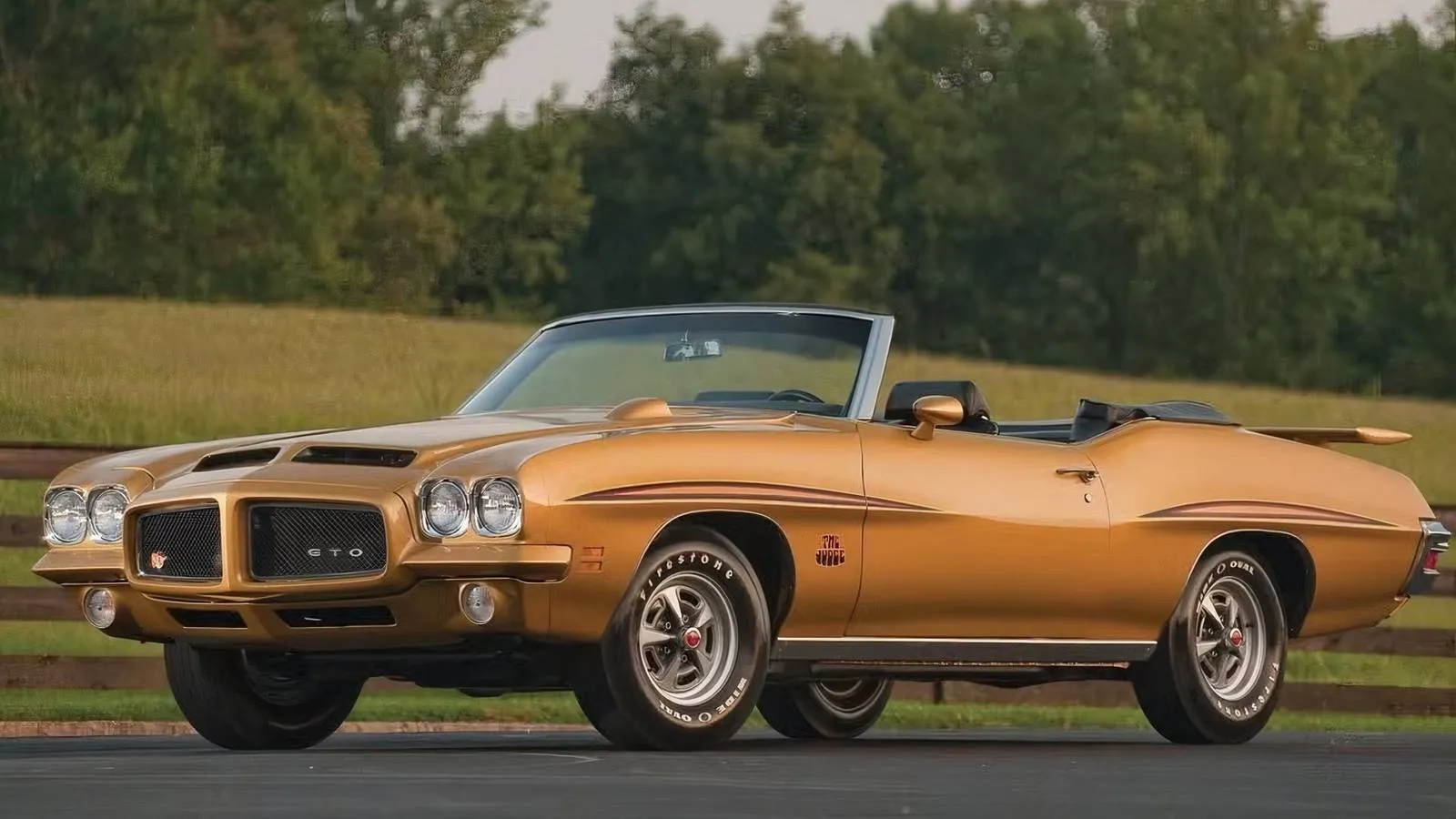 1971 Pontiac GTO Judge Convertible with its hood open, revealing the 455 HO engine