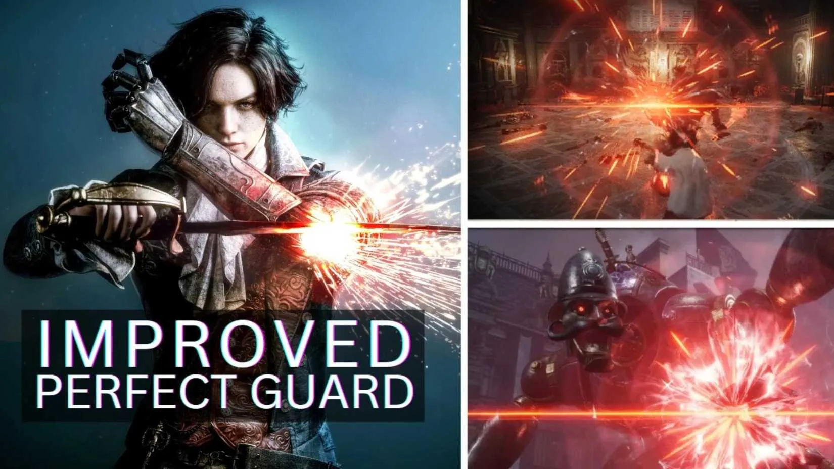 A collage of red sparks from a block in Lies of P with the Improved Perfect Guard mod