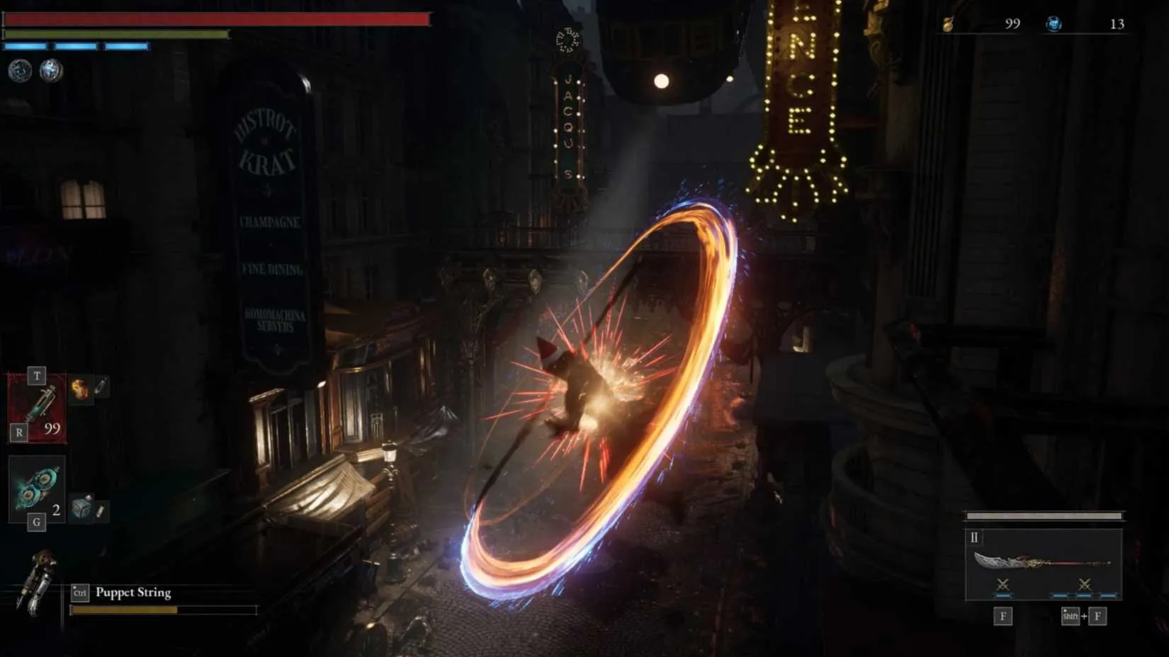 P performing a spin attack in the air with orange and blue lighting