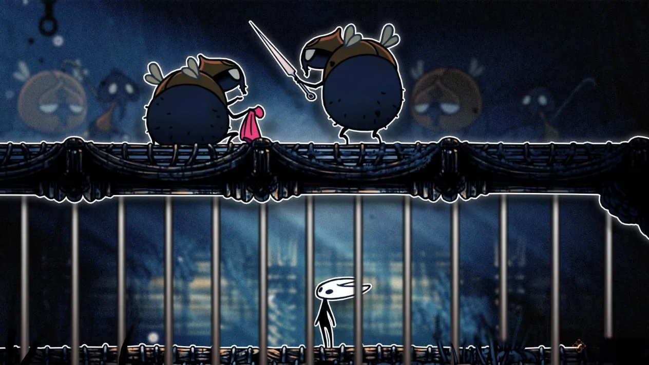Hornet locked up in jail staring at the wardens who took all her gear perched high above