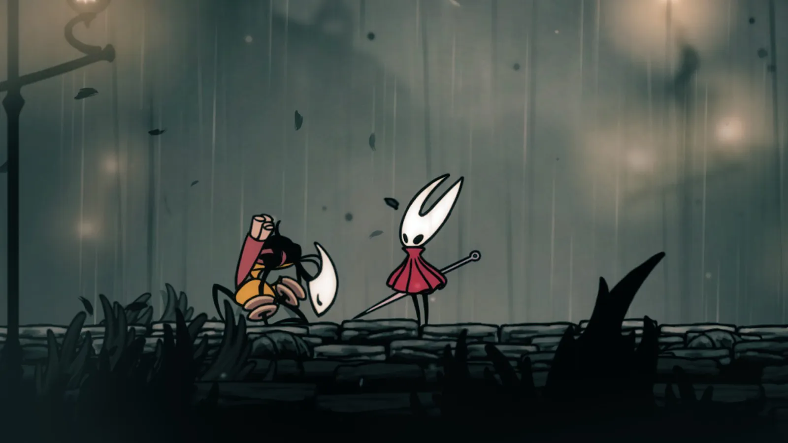 A weathered Shakra kneeling before Hornet in a hidden cavern, her quest finally reaching its end