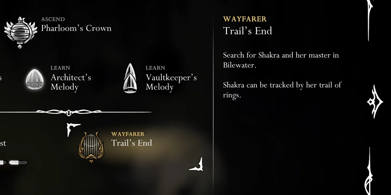 The Trail's End quest notification appearing on the weathered Wishboard of Bellhart