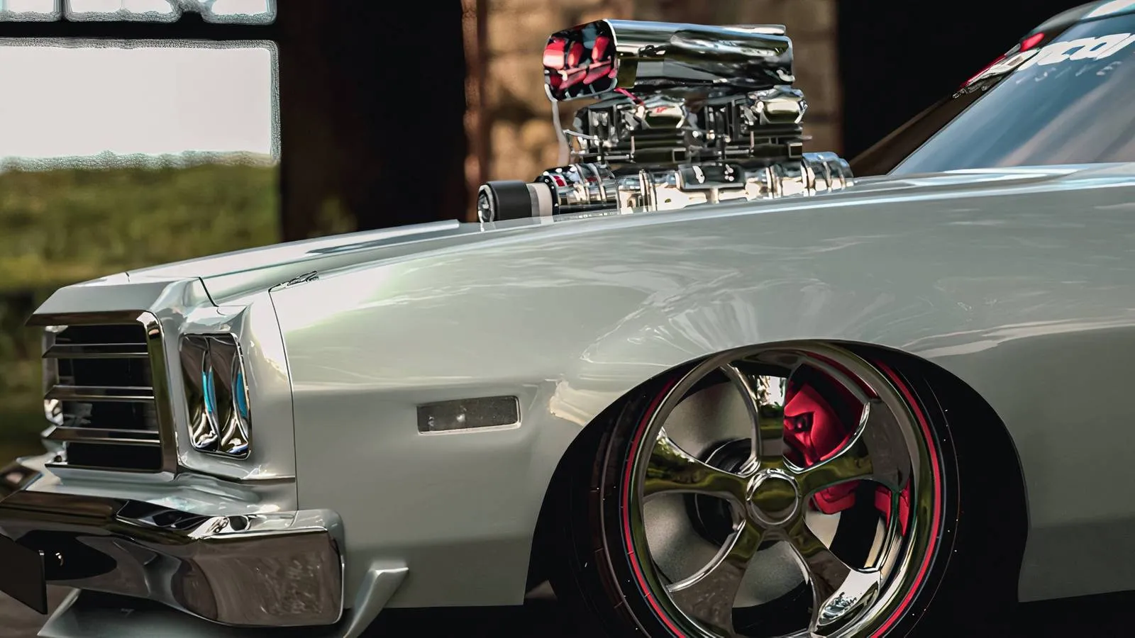 A digital rendering of a 1973 Ford Ranchero restomod with a blower emerging from the hood, riding on oversized modern wheels and a lowered suspension.