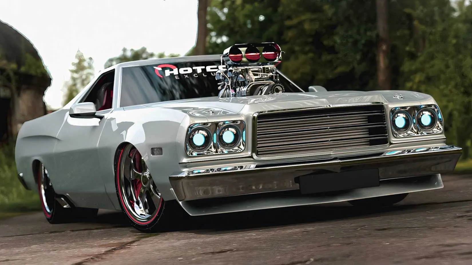 Side profile of the rugged 1973 Ranchero restomod rendering, highlighting the muscular rear haunches and custom five-spoke wheels.