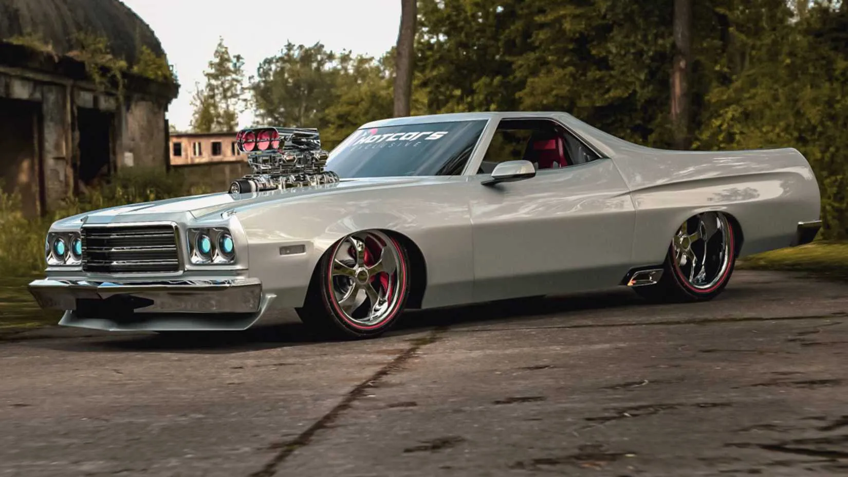 Rear three-quarter view of the restomod Ranchero, showing off its sleek tailgate and modern wheel fitment.