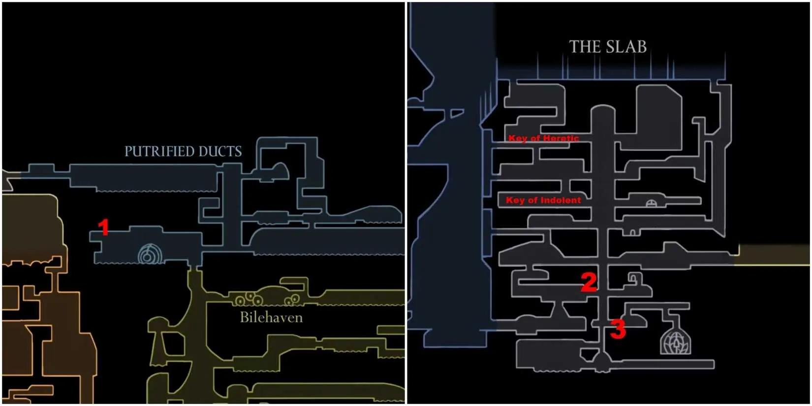 A map fragment showing the location of the Key of Apostate and the path through The Slab prison