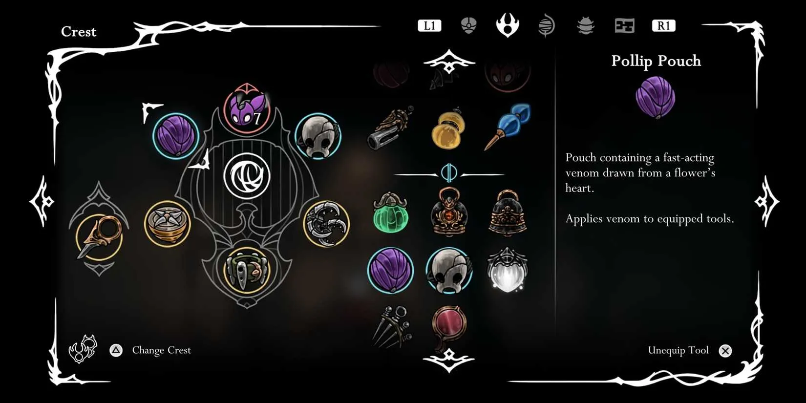 Hornet&rsquo;s inventory and recommended build for the First Sinner encounter, showcasing Tools and Crests