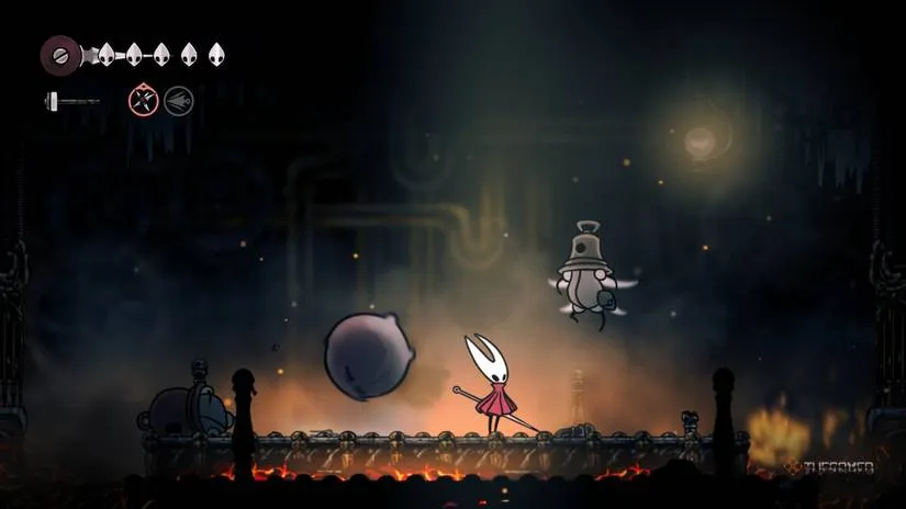 Silksong gameplay screenshot showing Hornet in Moss Grotto