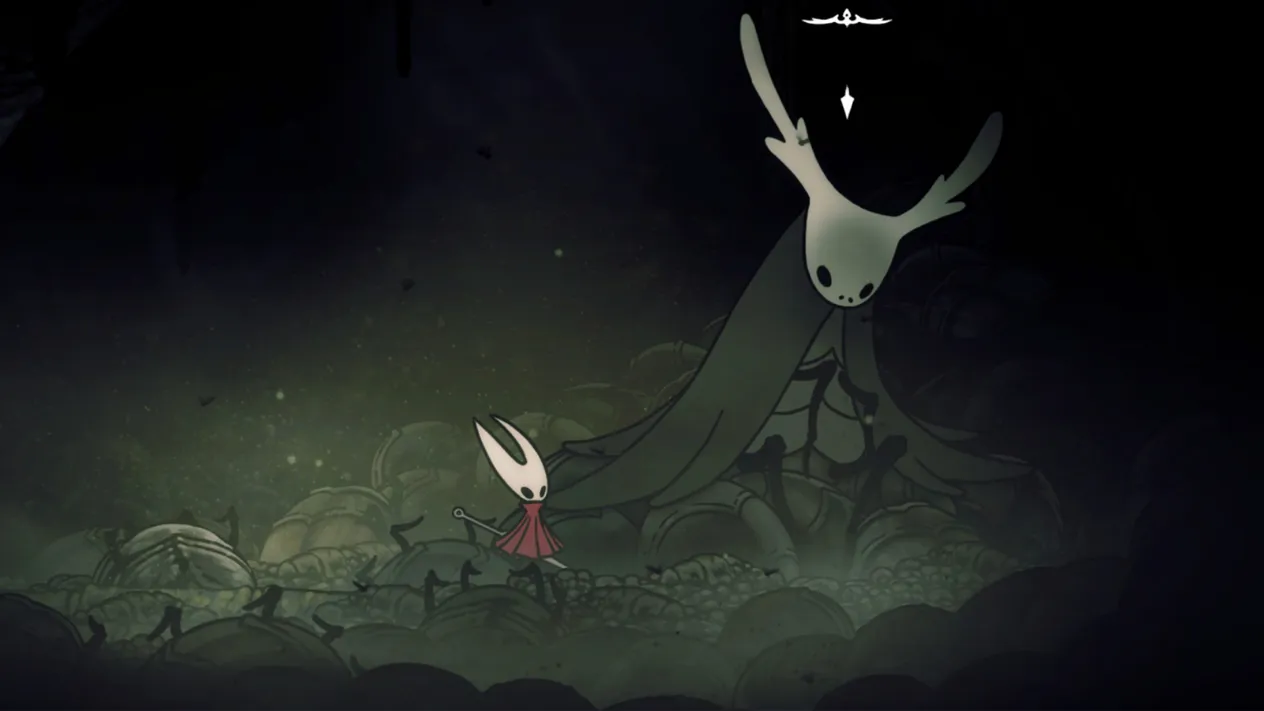 Huntress NPC resting in her dim hut within the Putrified Ducts