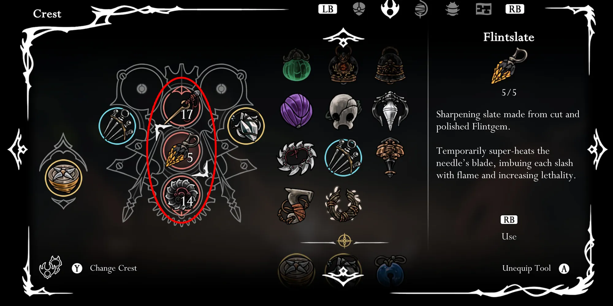 Hornet's tool menu with Flintslate, Conchcutter, and Sting Shard highlighted for different damage types