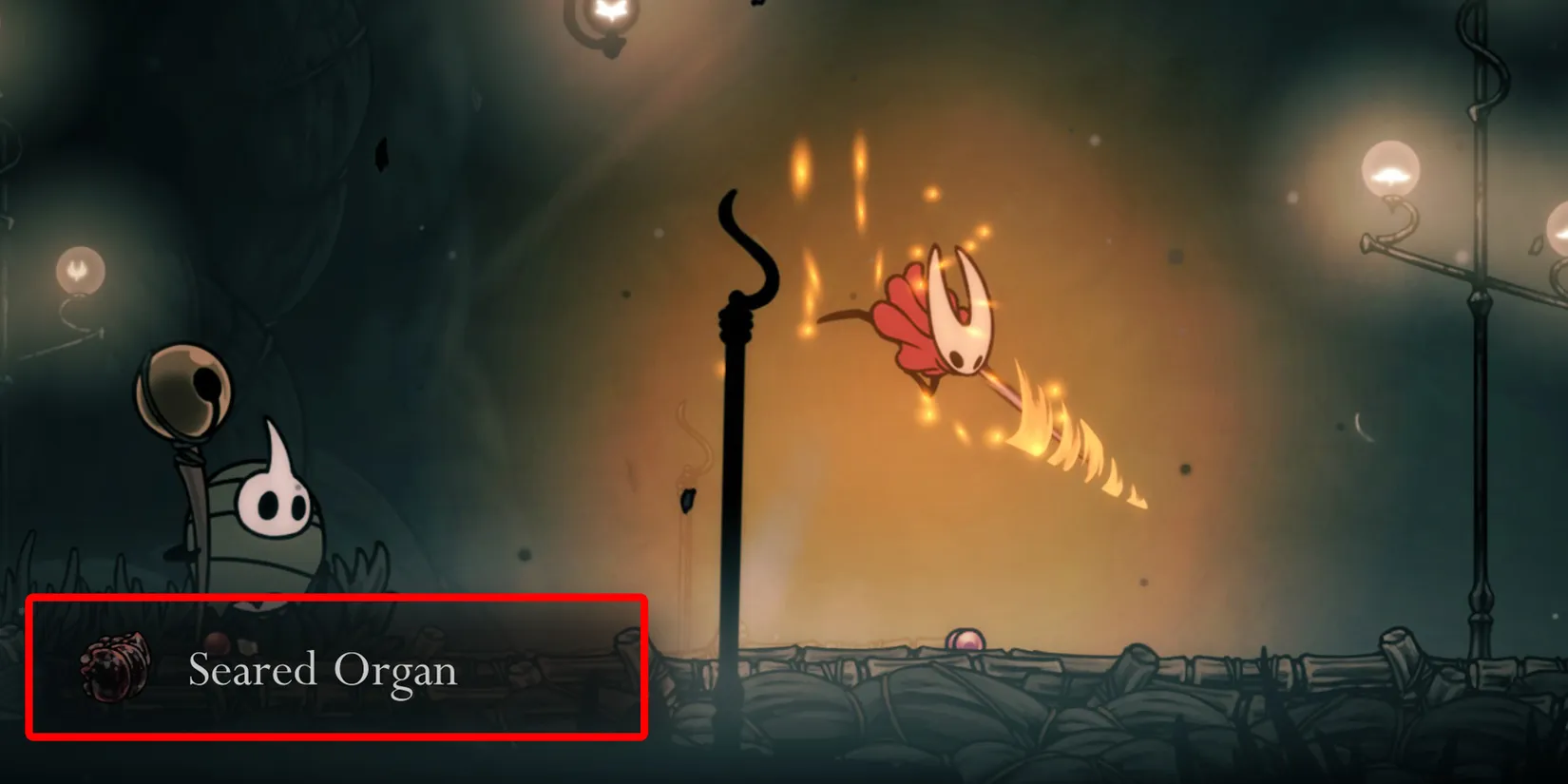 Hornet dashing through a dim cavern, attacking multiple enemies to farm Broodfeast organs