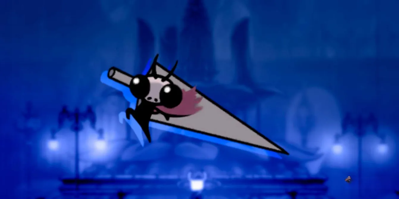 The Great Nailsage Sly from Hollow Knight hiding a massive nail behind his back
