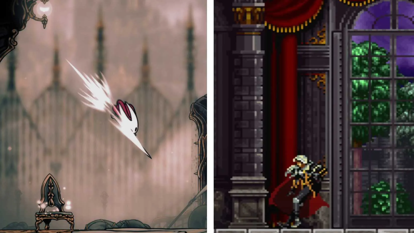 Hornet stands poised beside an ethereal image of Alucard, their stances and elegant blades echoing across metroidvania history.