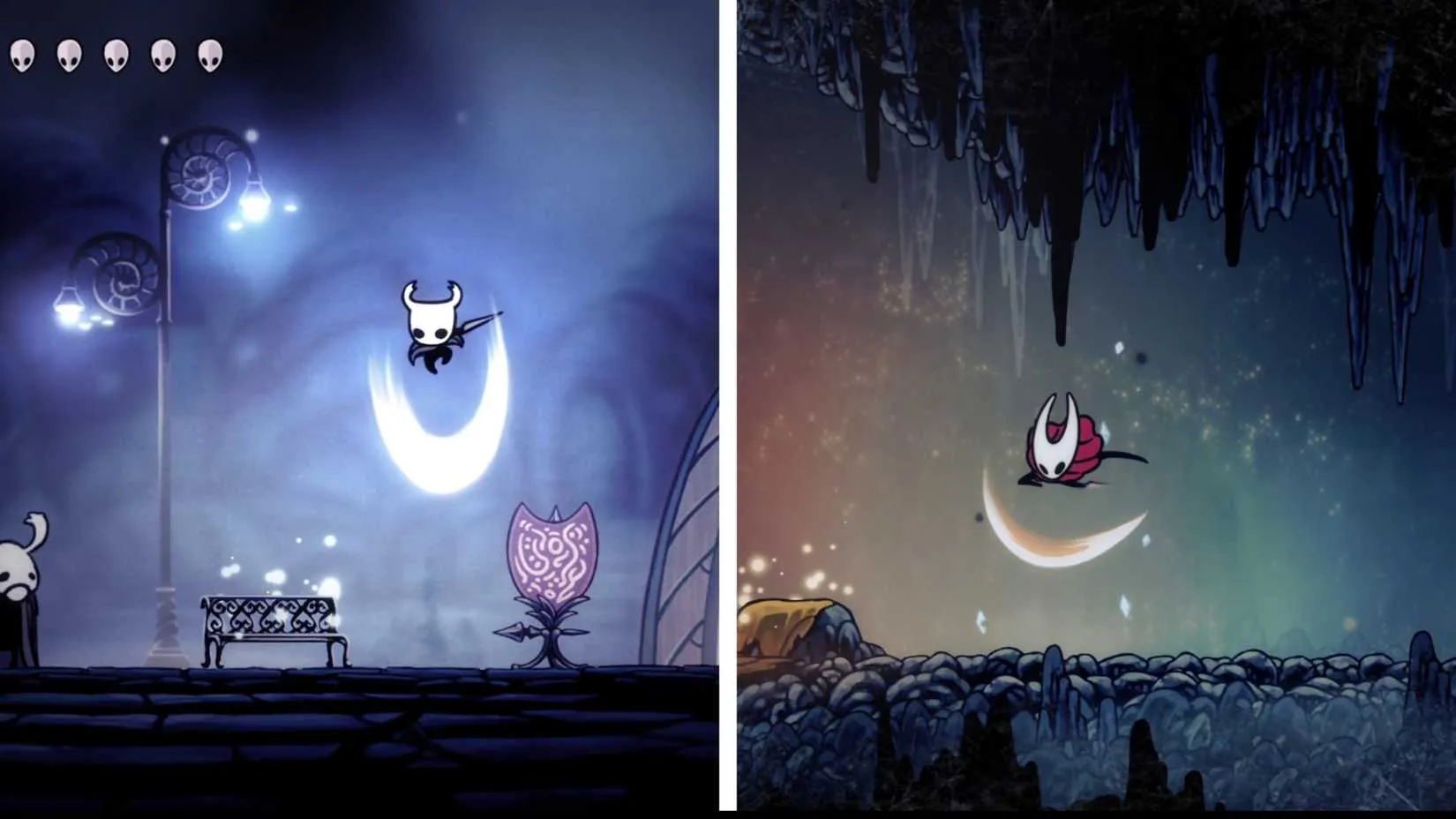 Hornet faces off against a spectral image of the Knight, their mirrored stances highlighting how the Wanderer Crest transforms her combat flow.