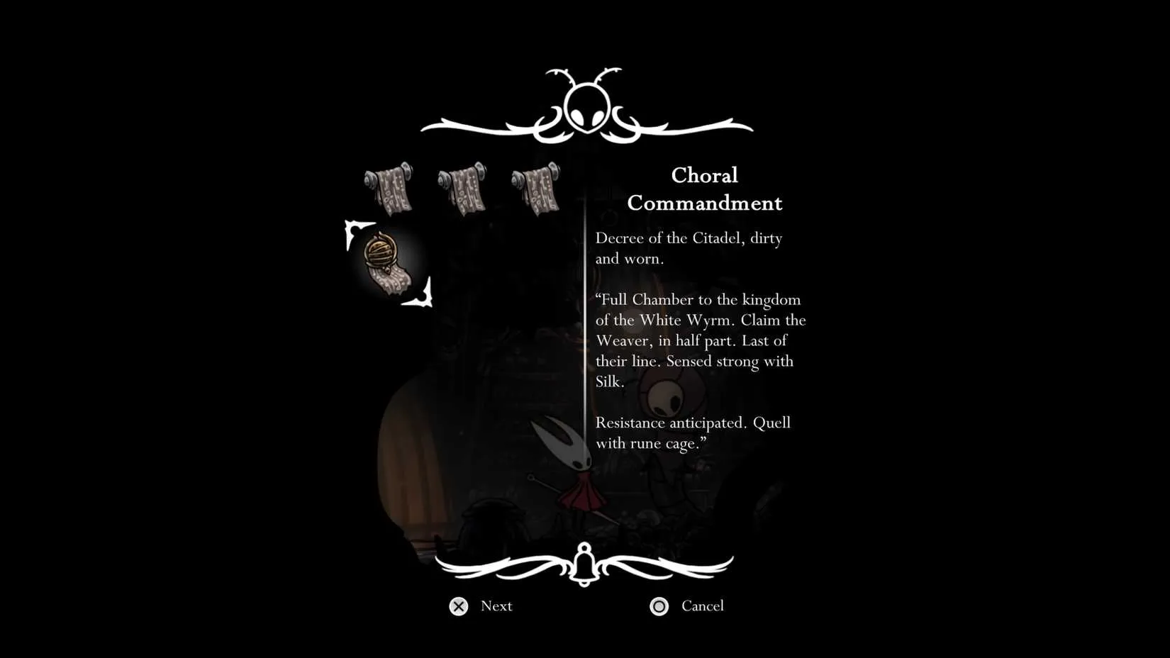 A crumbling pillar bears the carved words of a Choral Commandment, revealing Pharloom&rsquo;s unsettling knowledge of a fallen land.