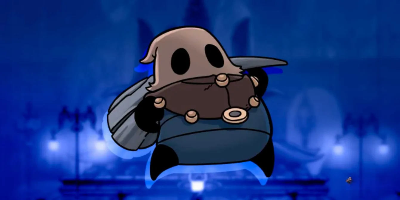 The heroic and timid warrior Cloth from Hollow Knight smiling with her giant club